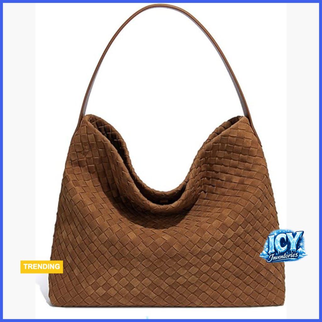 Slouchy Suede Hobo Bag With Woven Detail, Crossbody Shoulder Tote